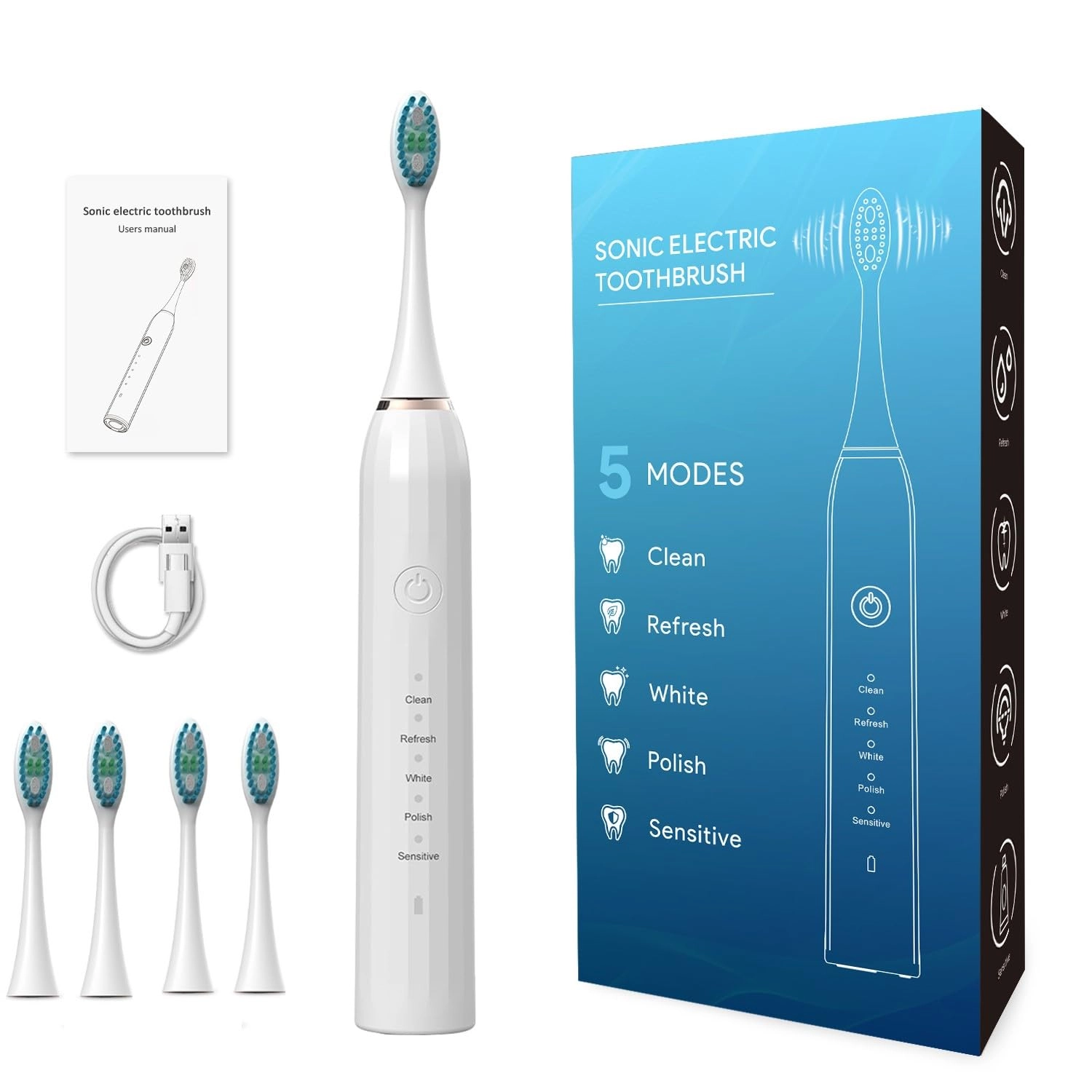 Peng General Sonic Electric Toothbrush - 43,000 vpm/min 4 Brush Heads USB Rechargeable