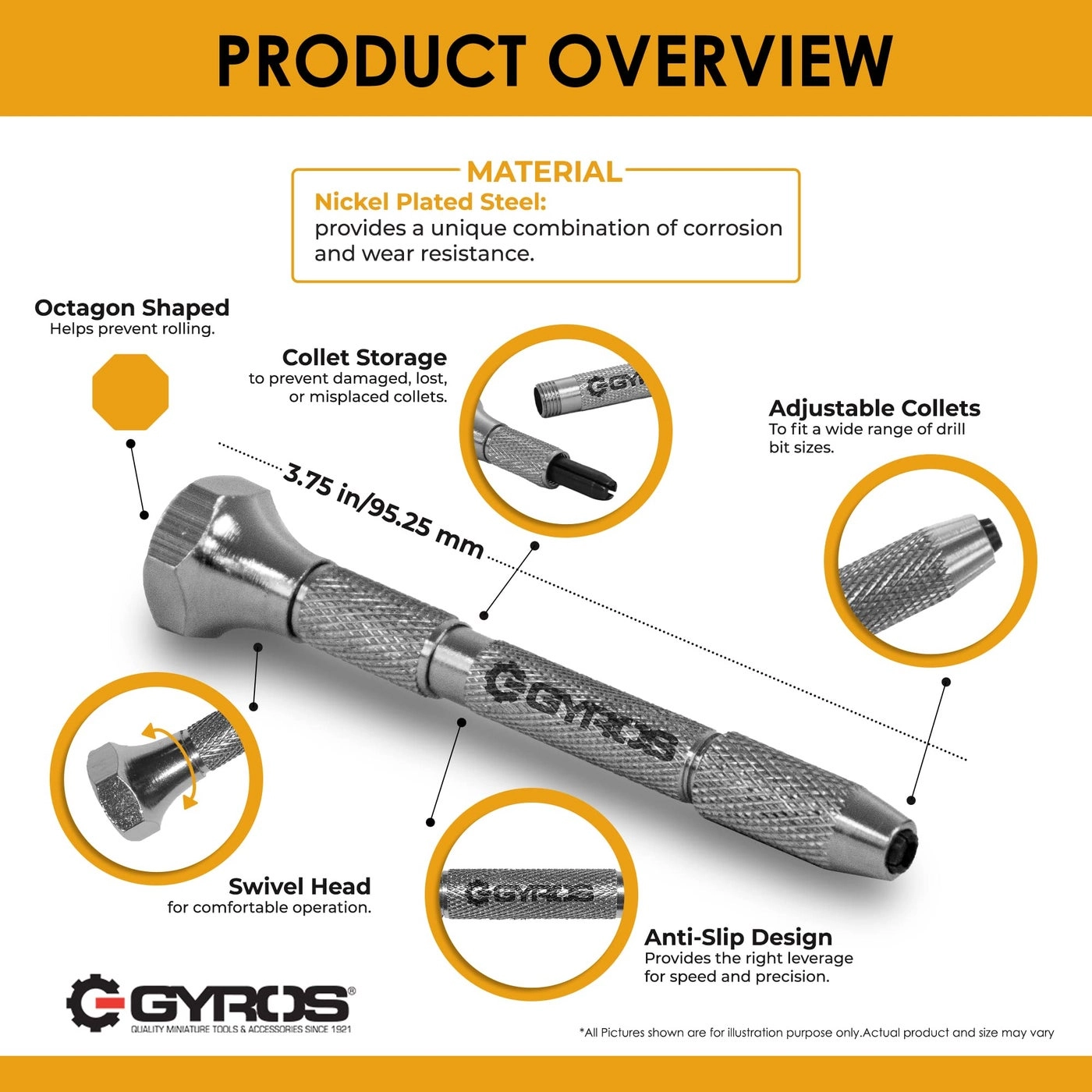 Swivel Head Pin Vise - 0"(0mm) to 1/8"(3.175mm) 2 Reversible Collets Anti-Slip Nickel Plated Steel Body
