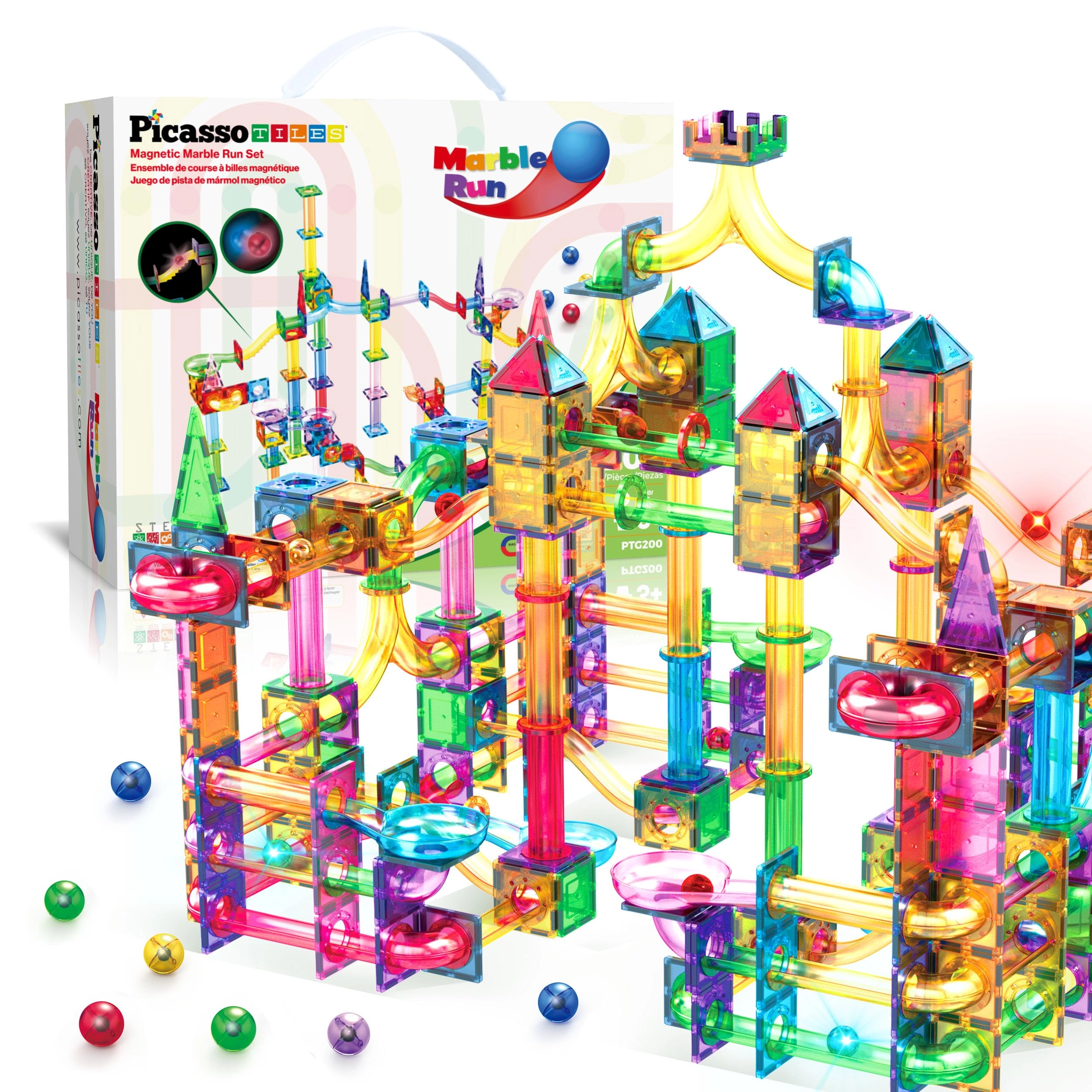 PicassoTiles Marble Run Race Track Magnetic Tiles Super Set - 200 pcs