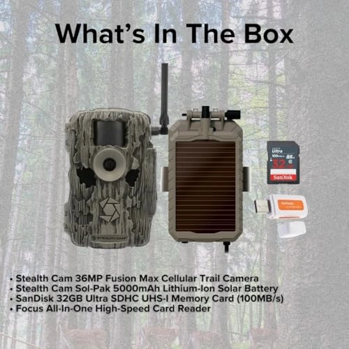 Fusion Max - 36MP Cellular + Lithium Solar Power Panel - 12V + Economy Trail Camera Holder + 32GB Ultra SDHC UHS-I Memory Card + Hi-Speed SD USB 2.0 Card Reader