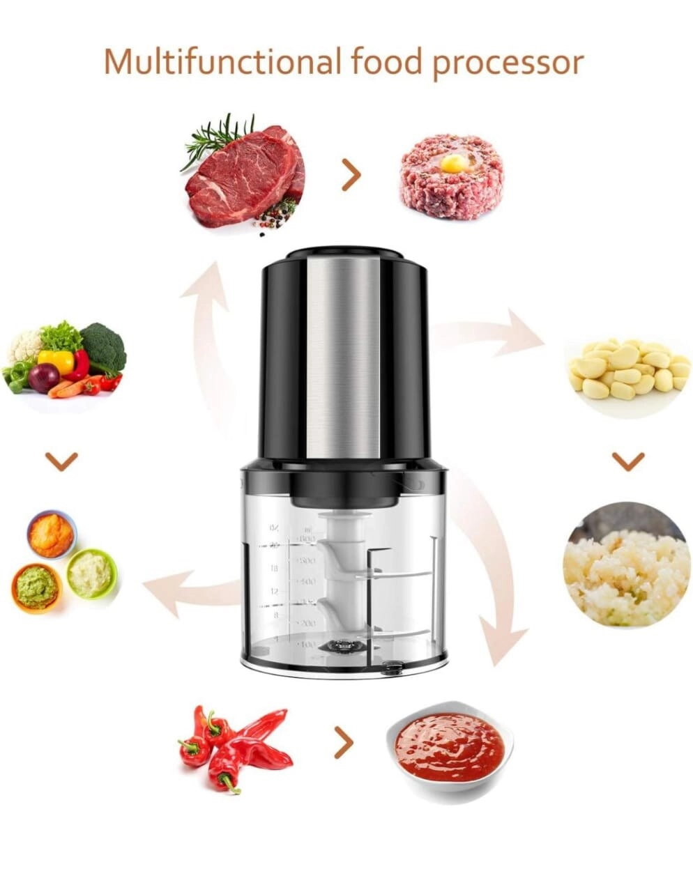 Food Chopper - Double-Layer 4 Blades Stainless Steel