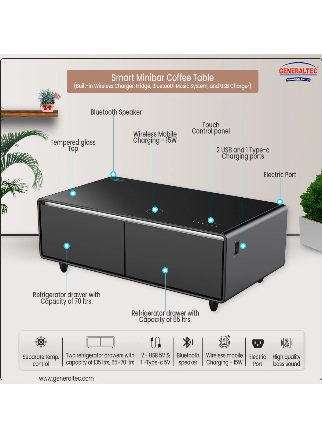 Smart Table and Refrigerator - 135L 15W Wireless Mobile Charging Bluetooth/USB Speaker