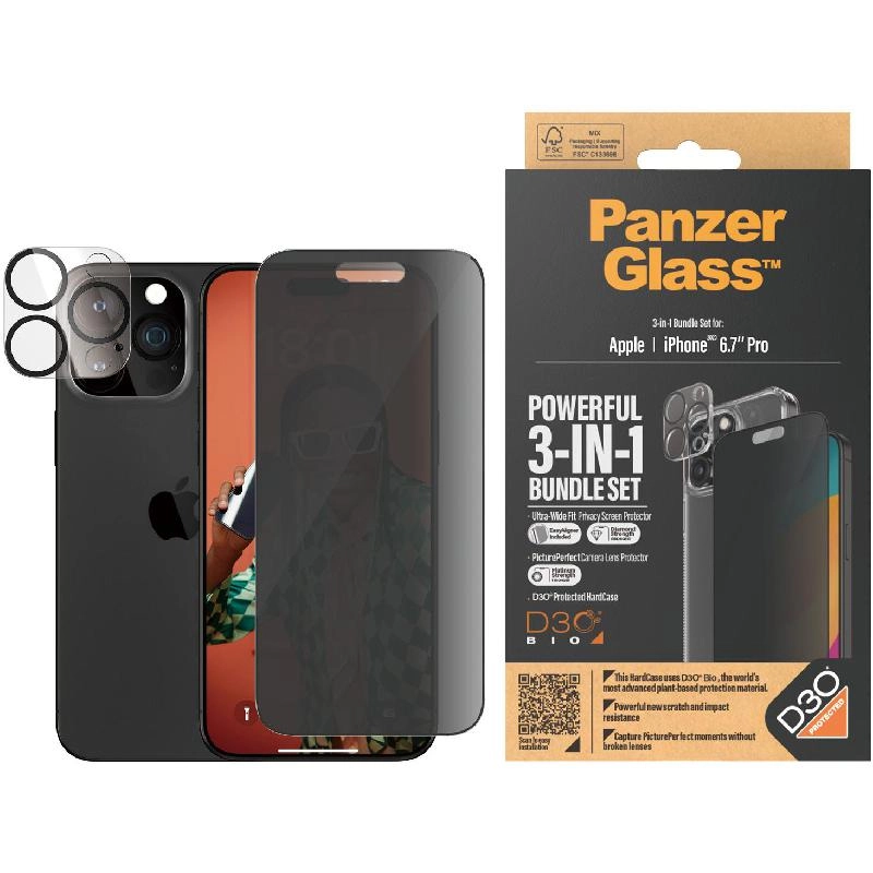ClearCase - Glass TPU D3O + UWF Screen Protector + Camera Lens Protector for iPhone 15 Pro Max 2023 6.7"