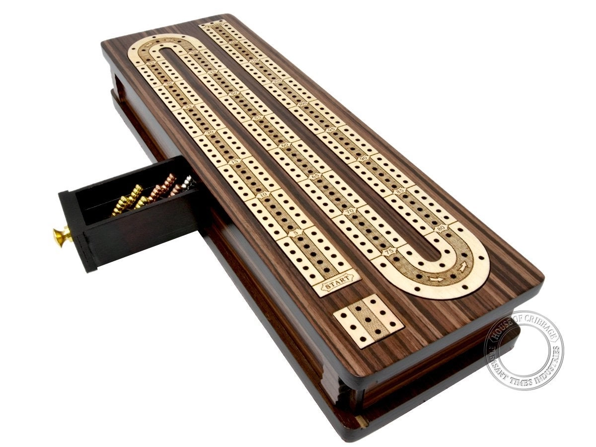 Pleasant Times Industries Continuous Cribbage Board - Inlaid Rosewood Maple 3 Tracks Sliding Lid Drawer