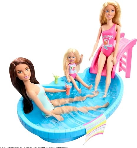 Doll - Brunette Seafoam Blue One-Piece Swimsuit + Pool Playset - Pool Slide Ages 3+
