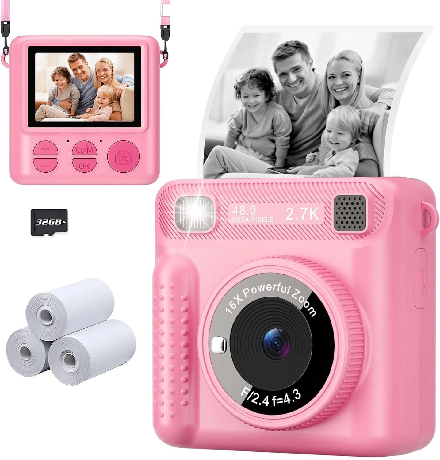 Zurligi Instant Print Camera - 32GB 1080P Pink