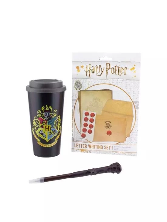 Paladone Plastic Hogwarts Travel Mug - 450ml + Plastic Harry Potter Wand Pen + Hogwarts Letter Writing Set