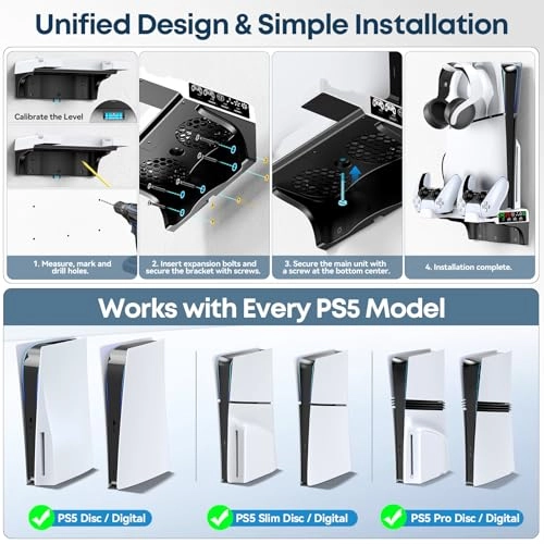 PS5 Wall Mount Kit + Cooling Fan + Controller Charging Station + PS5 Floating Shelf + Sega Genesis Consoles - PS5/Slim/Pro Disc & Digital Console