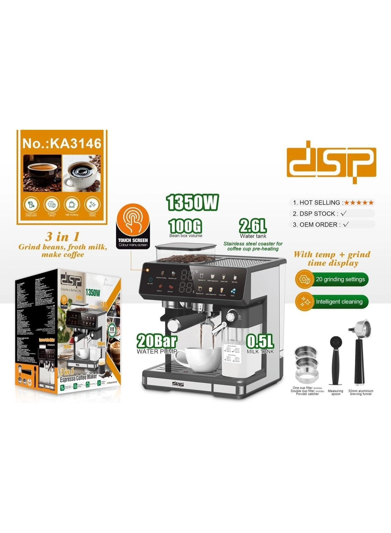 KA3146 - 20 Bar Built-in Grinder Milk Frother