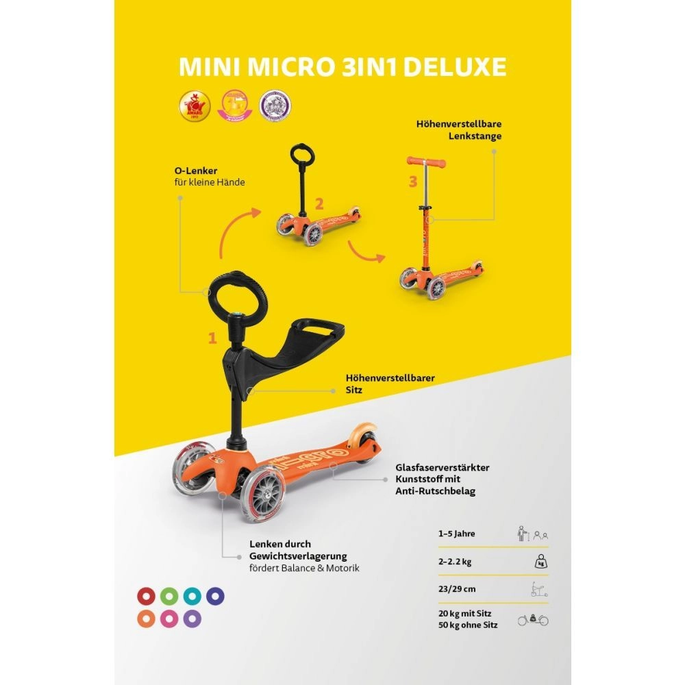 Mini 3 in 1 Deluxe Eco 3-Wheel Kick Scooter – 120mm LED + Seat