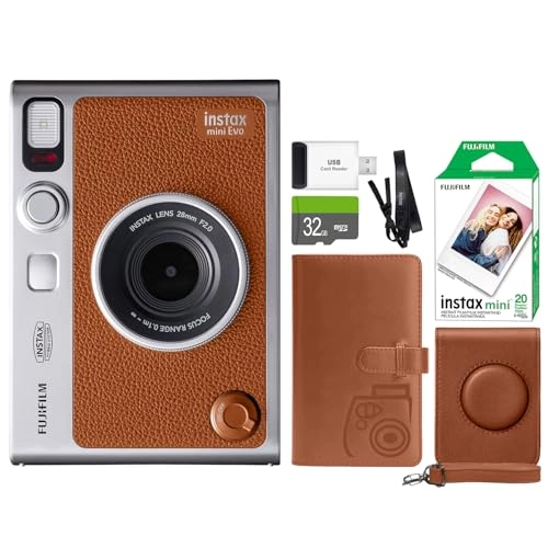 Instax Mini EVO - Brown + Instax Mini Instant Film Sheets - 60 Sheets + microSD Memory Card - 32GB + Small Padded Carrying Case + SD Card Reader + Microfiber Cleaning Cloth