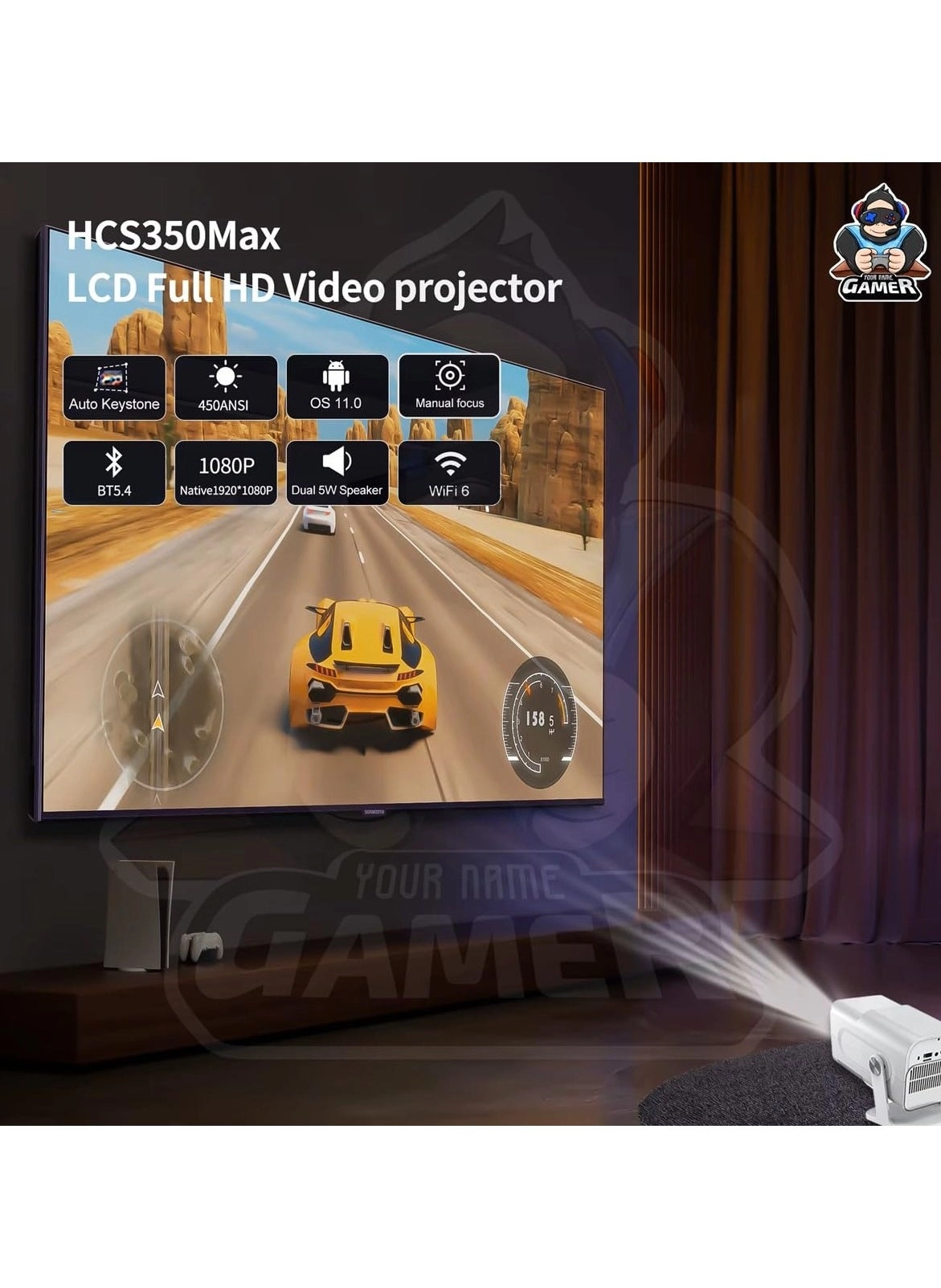 HCS350 Pro Android 11 Gaming Projector 64GB TF Card Wireless Gaming Controller Dual WIFI1920*1080P Home Theater Portable Projector (Hcs350pro White)
