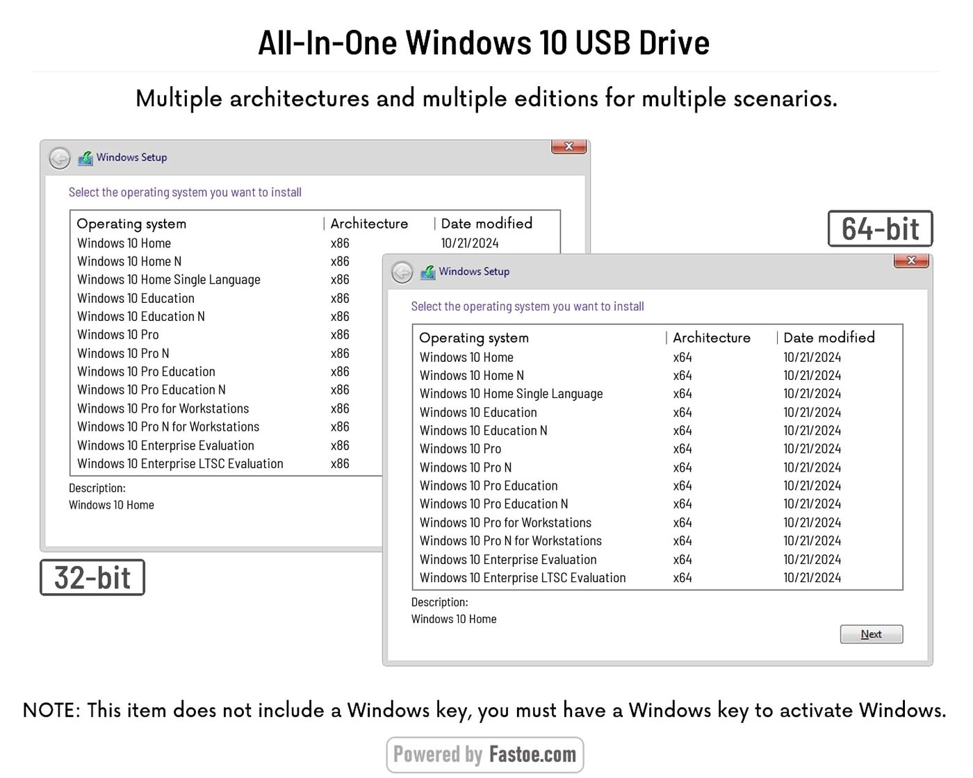 Bootable USB Flash Drive - for Windows 10 Pro 32/64 Bit