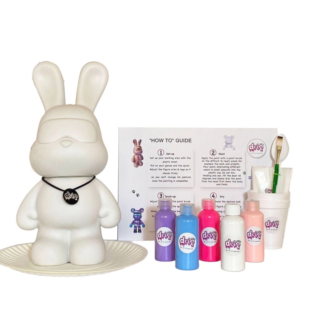 DIY Bunny Fluid Acrylic Pouring Paint Kit - 5 acrylic paints 2 oz/60 ml each; apron; clear cups; plate; gloves; paintbrush; pipette; spoon; table sheet