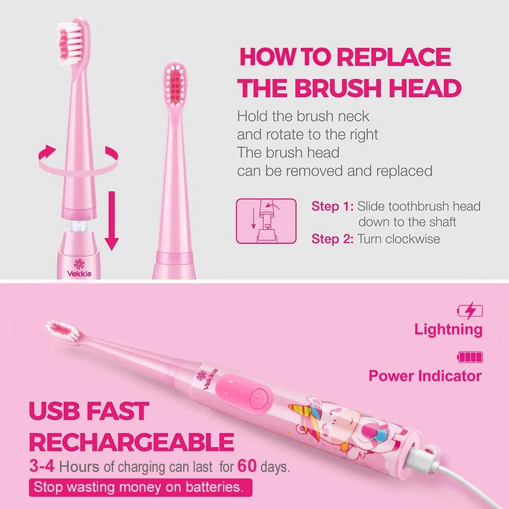 Sonic Rechargeable Kids Electric Toothbrush - 3 Modes 24000 Strokes IPX7 Waterproof