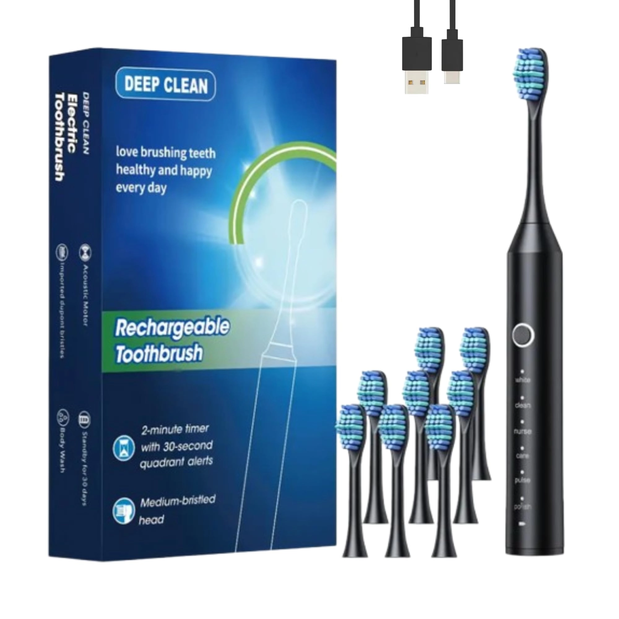 LITTLE CLASSIC USB Rechargeable Adult Electric Toothbrush - 8 Replacement Heads 6 Cleaning Modes Set