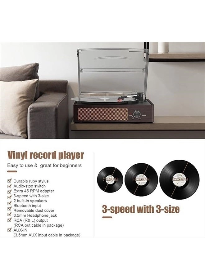 Record Player Turntable - Built-in Bluetooth 3-Speed 2 Stereo Speakers