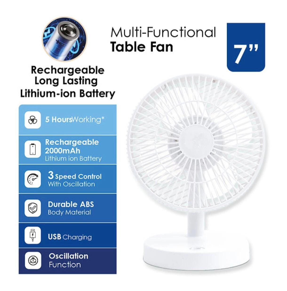 Portable Table Fan - 3 Speed USB Rechargeable 5 Hours Working Time