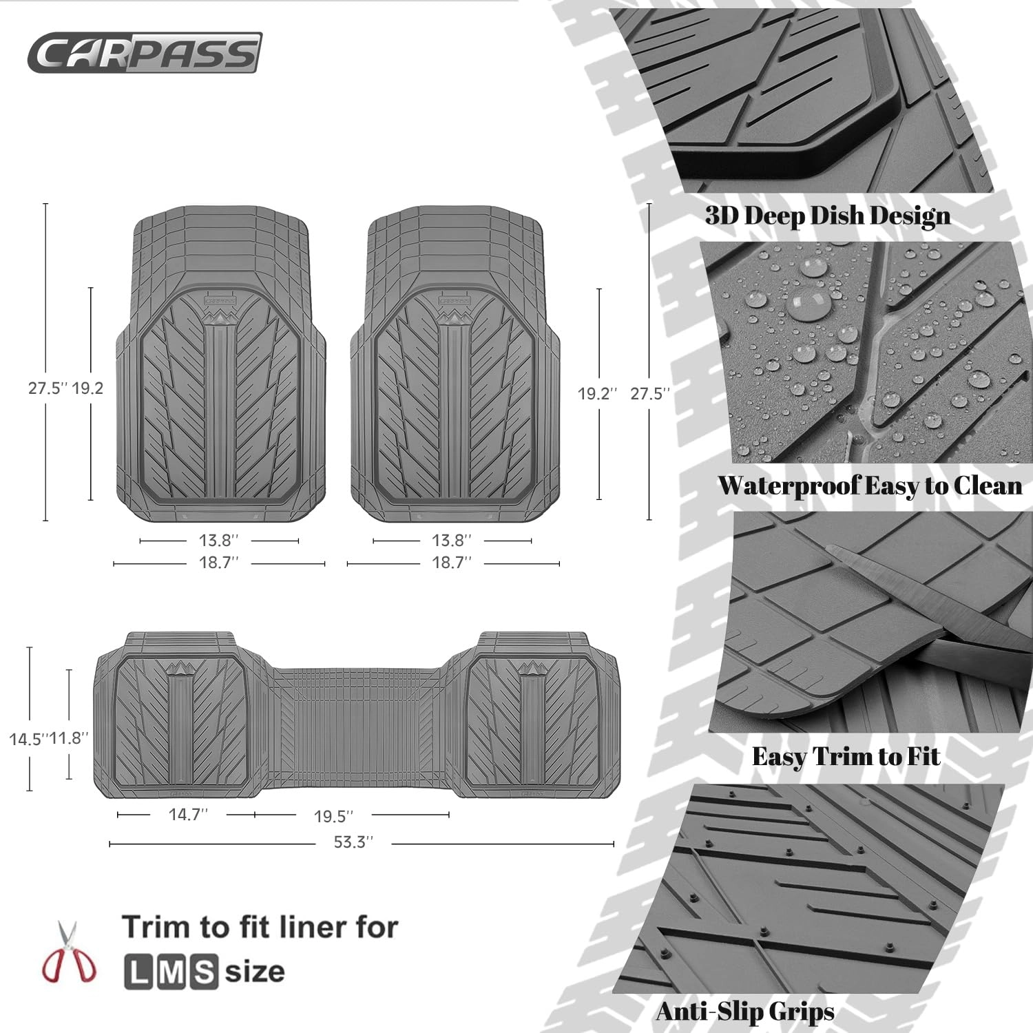 Rubber Floor Mats - All Weather Trim-to-Fit 3-Piece