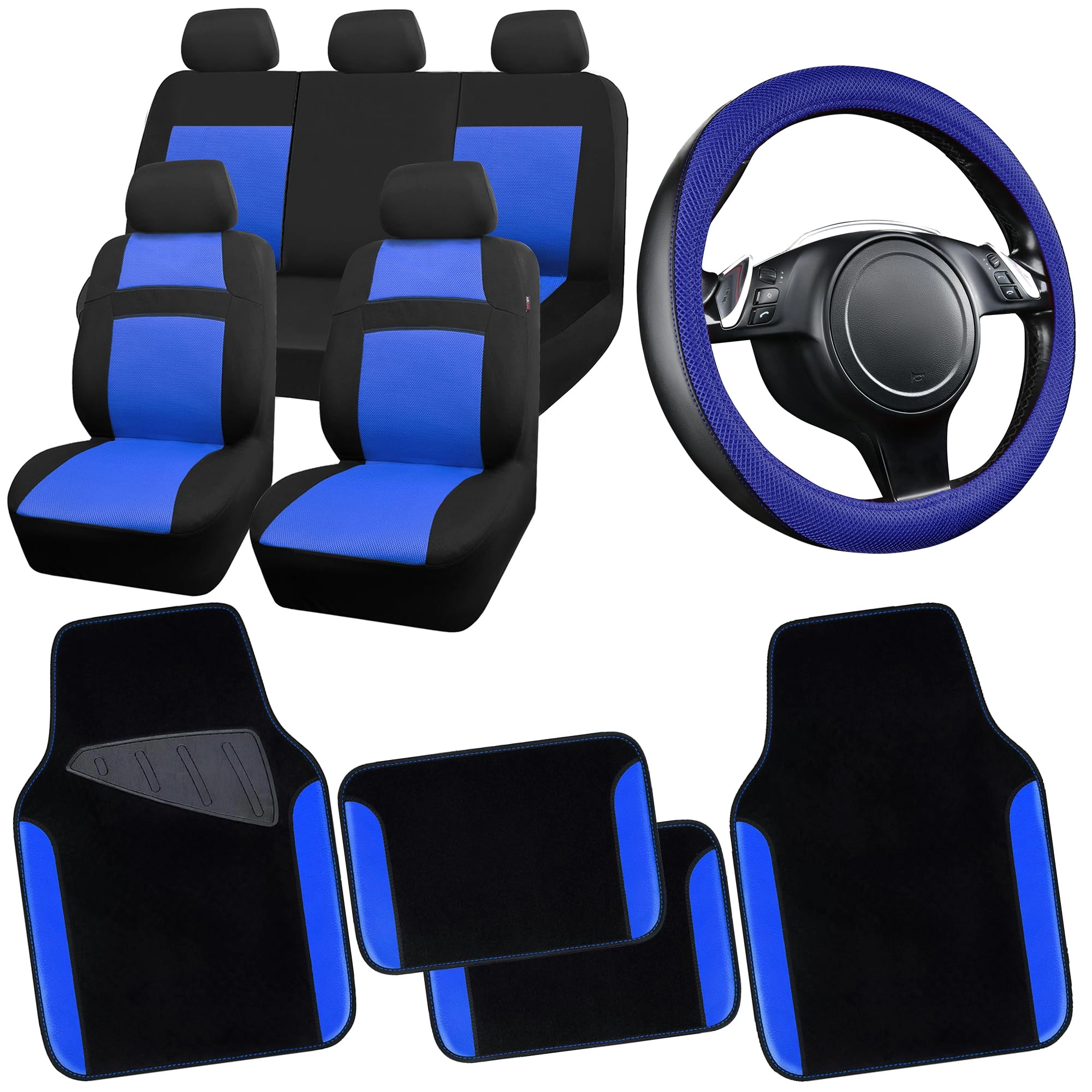 Car Seat Covers - Air Mesh Leather + Car Floor Mats - Waterproof + Steering Wheel Cover - Sporty
