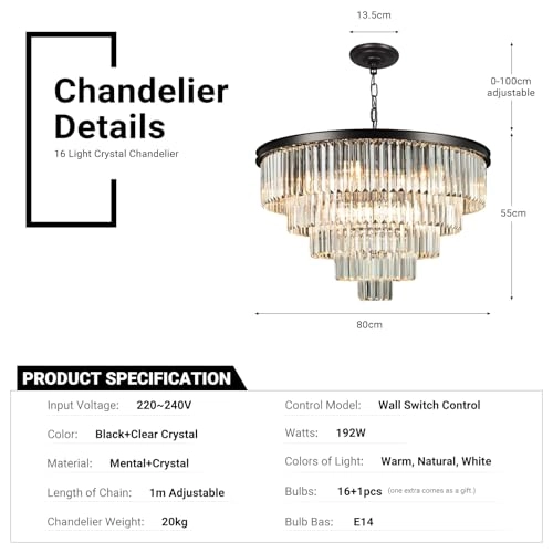 16 Lights Large Crystal Chandeliers - 3 Colors Temperature Adjustable