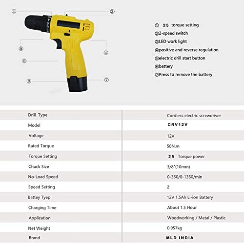 Cordless Screwdriver drill machine - 12V 0-10mm + 1200 mAh Battery + Charging Adapter + Polishing Pad kit - 5 inch