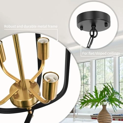 Dining Room Chandelier - Black and Gold 4 Lights Adjustable Height