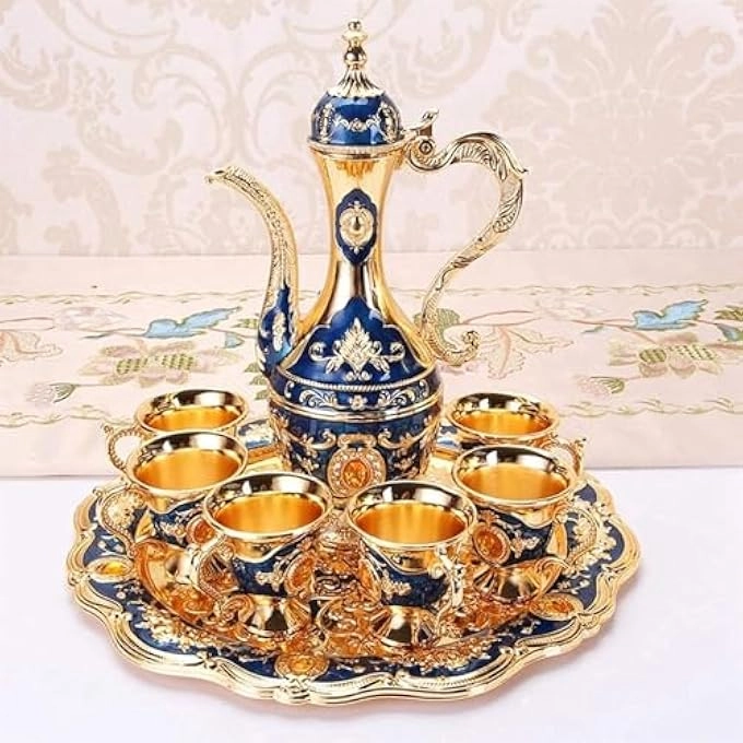 Turkish Tea Set + Turkish Teapot Set + Turkish Coffee Pot + Coffee Cup + Tea Tray + Turkish Flagon - Zinc Alloy + Shot Glasses Set