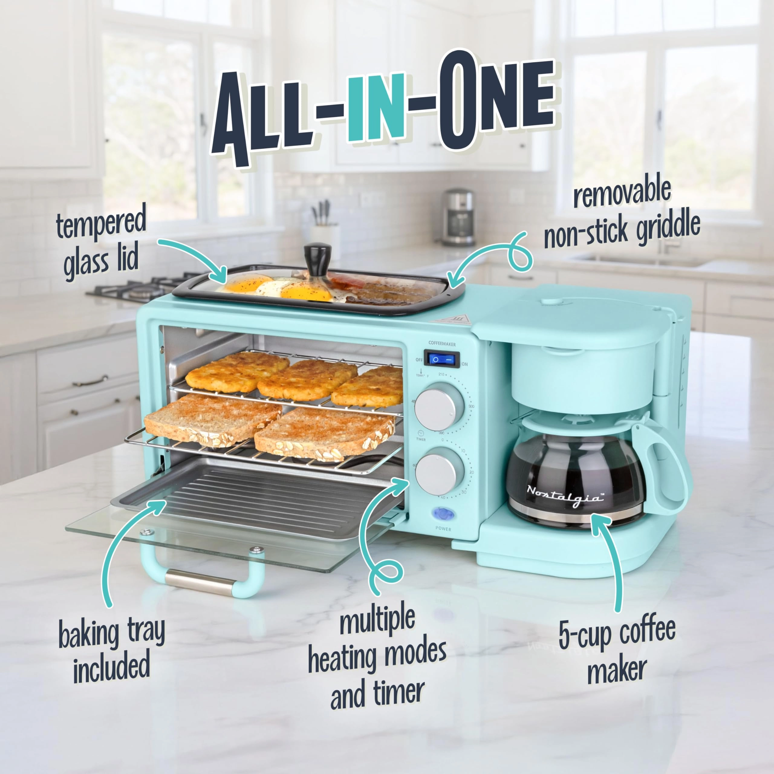 3-in-1 Retro Breakfast Station - 5 Cups Non-Stick Ceramic Griddle 4-Slice Toaster Oven