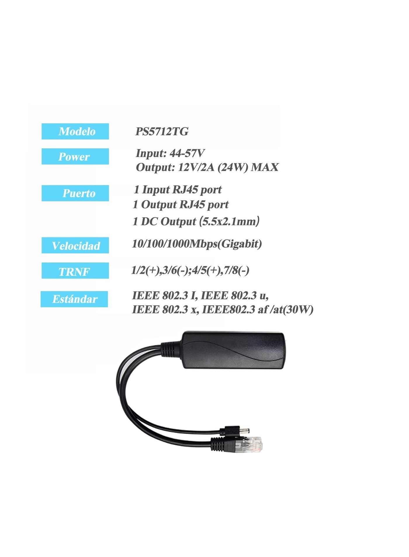 PS5712TG - 12V 2A 37V - 57V IEEE802.3af/at 10/100/1000Mbps 30W