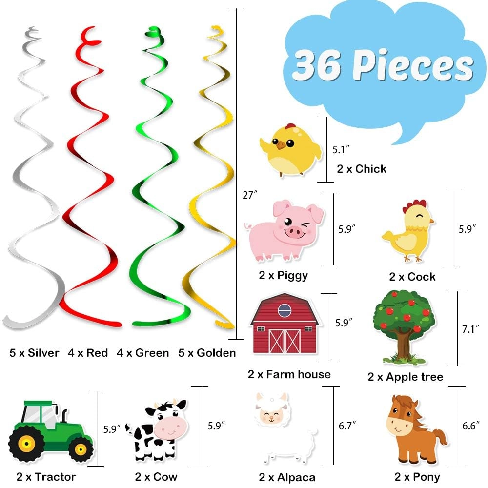 Farm Animals Hanging Party Decorations - 18 pieces Birthday