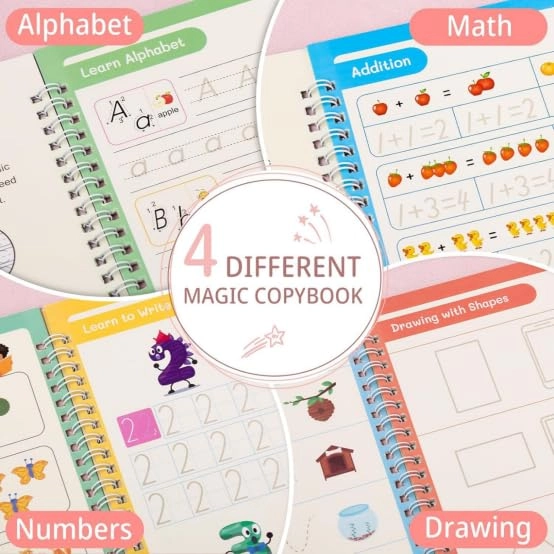 Magic Practice Book - 4 Books 5.1" x 7.4" + Pen Holder - 1 + Refills - 10 + Grip - 1