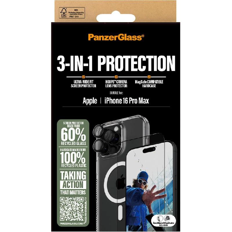 CARE MagSafe Case - 100% Recycled Plastic MagSafe + Ulta-Wide Fit Screen Protector - 60% Recycled Glass + Hoops Camera Lens Protector for iPhone 16 Plus