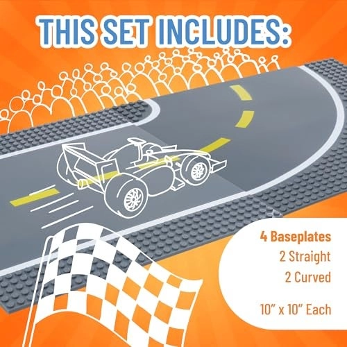 Road Baseplates - 4 Pack 10"x10" 32x32 pegs 2 Straight 2 Curved Compatible with LEGO