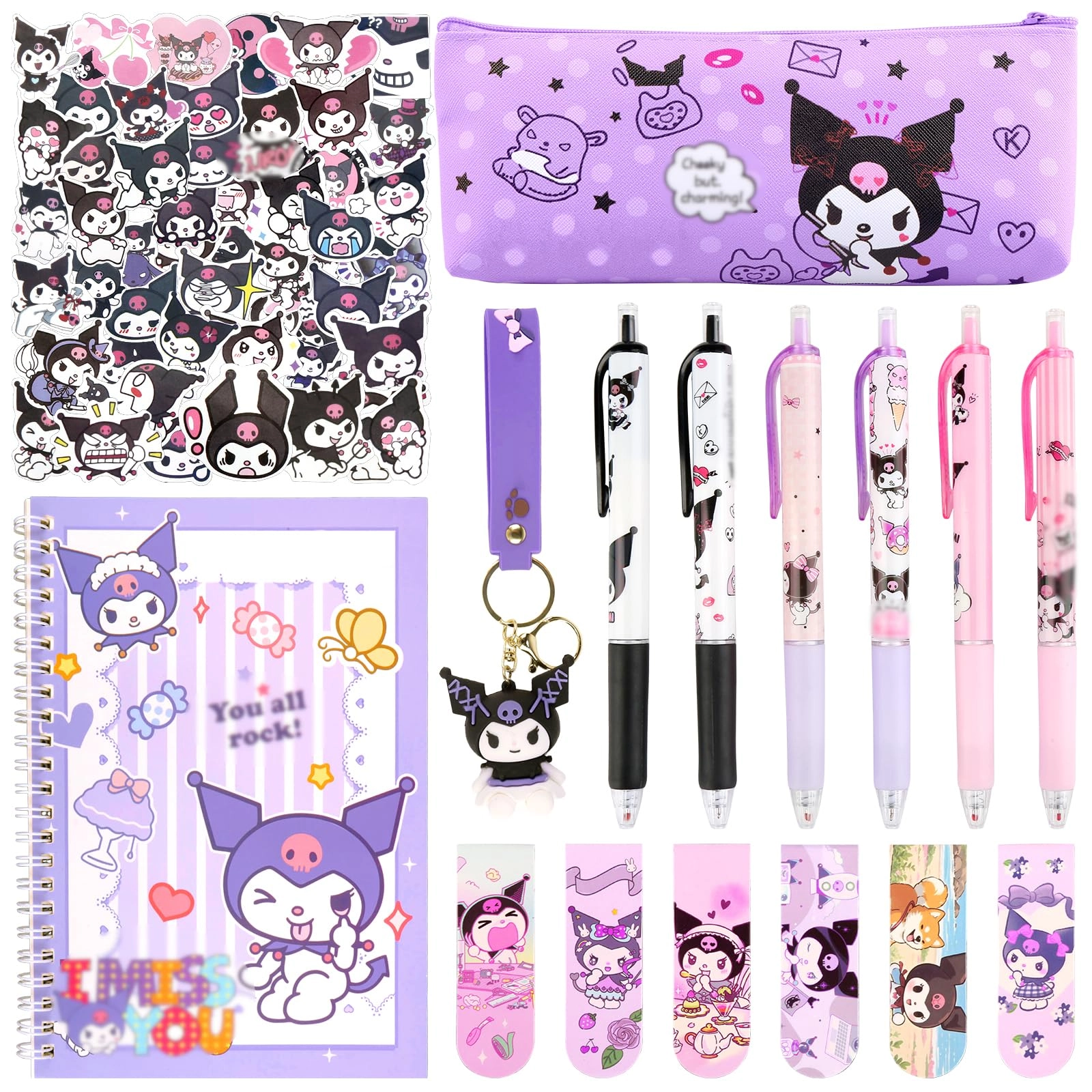 Ainvliya Gel Pens - 6 + Pencil Case - 1 + Notebook - 1 + Stickers - 50 + Bookmarks - 6 + Keychains - 1