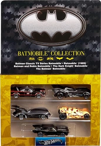 Hot Wheels Batman Classic TV Series Batmobile 1:64 + Batman Forever Batmobile 1:64 + Batman & Robin Batmobile 1:64 + The Dark Knight Trilogy Batmobile 1:64 + The Batman Batmobile 1:64 - 5pcs
