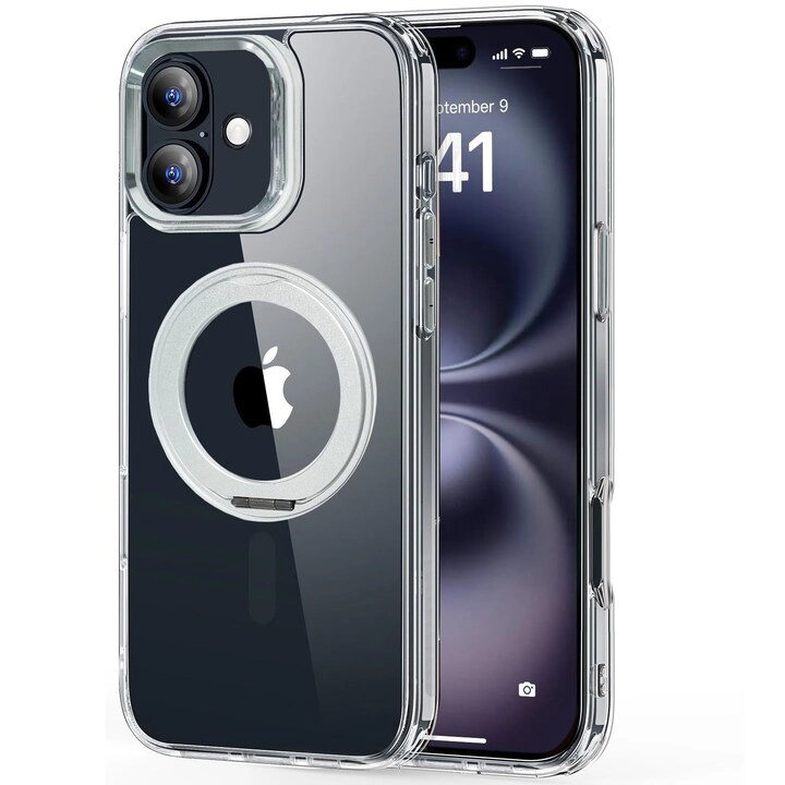 AZTECH Official Store SuperSnap Clear Case with MagSafe for iPhone 16 Plus - 360° Rotating Silver Metal Ring Kickstand