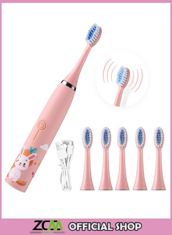 ZCM-HAPPY Ultrasonic Electric Children's Toothbrush - Super Soft Waterproof USB Charging 6 Heads