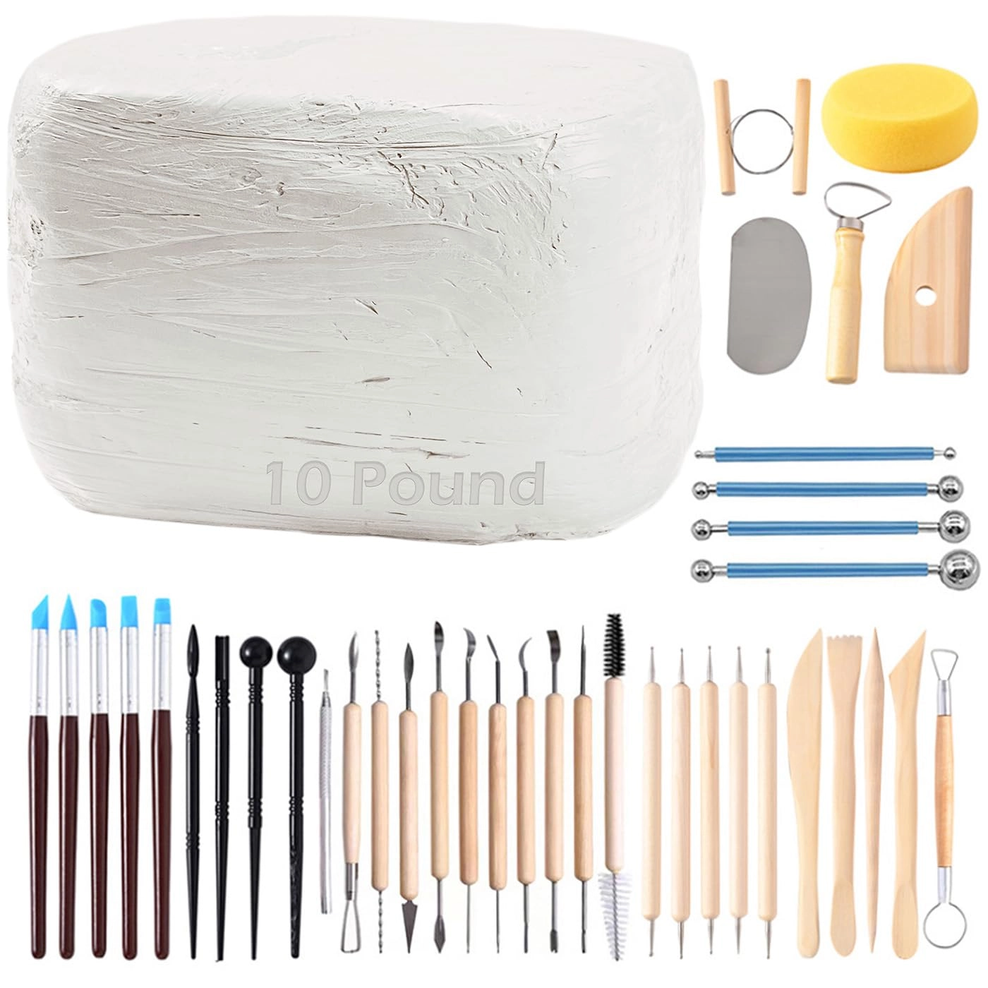 Natural Air-Dry Clay - 10LBs + Pottery Tools Clay Sculpting Tool Set - 40 Pcs