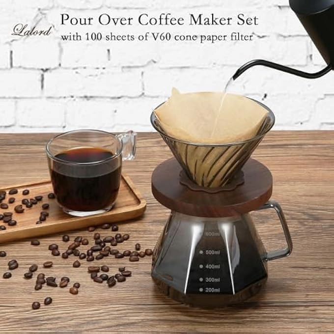 Pour Over Coffee Maker - 20 Oz Borosilicate Glass 100 Pcs V60 Paper Filter