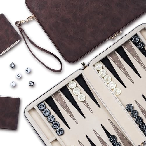 Backgammon Set - Foldable Leather Backgammon Case 30 Artificial Horn Checkers