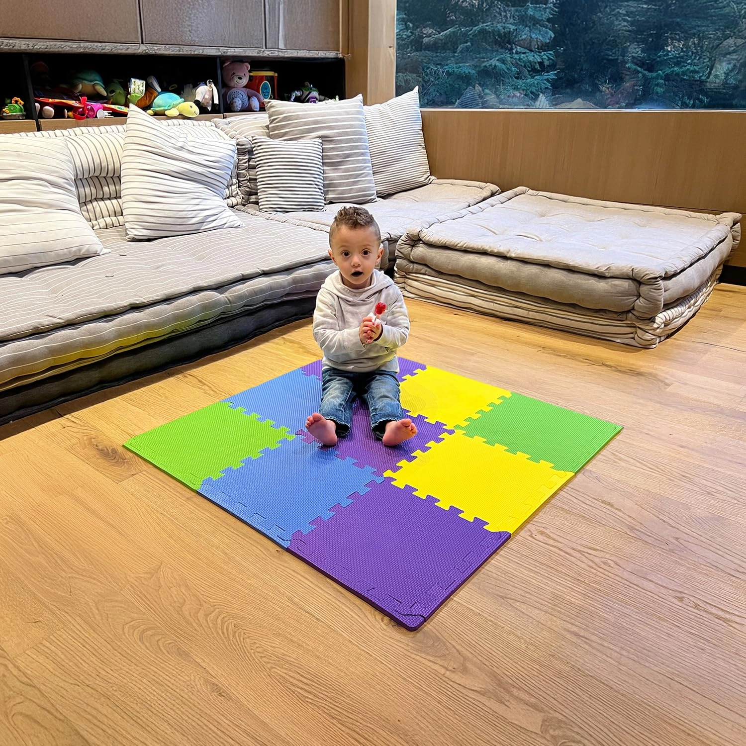Baby Play Mat - 9 Tiles Cobalt-apricot-pine-gold