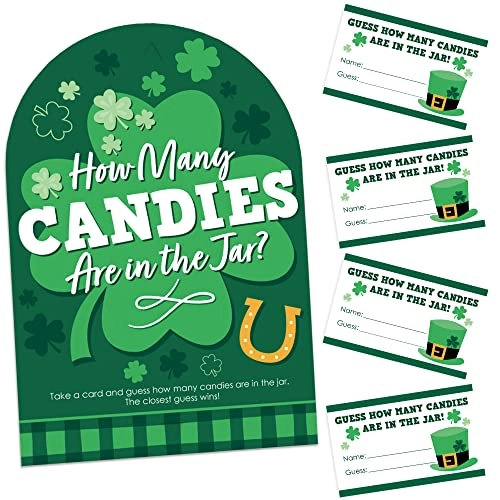 Shamrock St. Patrick's Day Candy Guessing Game - 12 years and up 1 sign with a built-in stand and 40 guessing cards