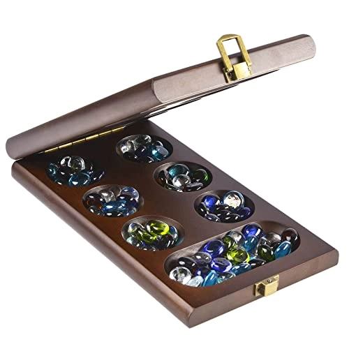 Mancala - Wooden Folding 728 Bonus Multi Color Glass Stones