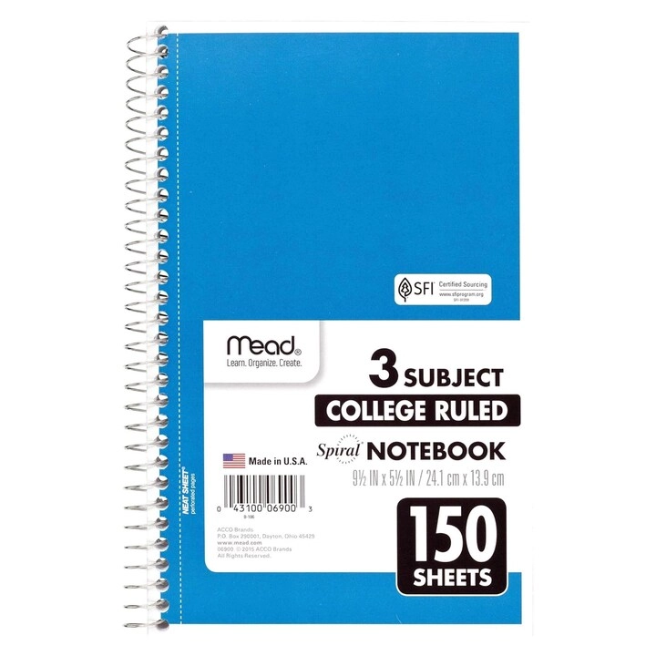 3 Subject Notebook Spiral - Lined 150 Sheets