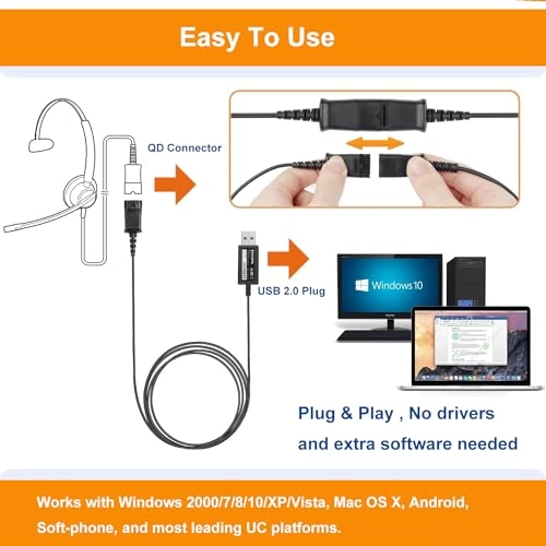 Office Headset Quick Disconnect QD Cable to USB Plug Adapter Wired Headset