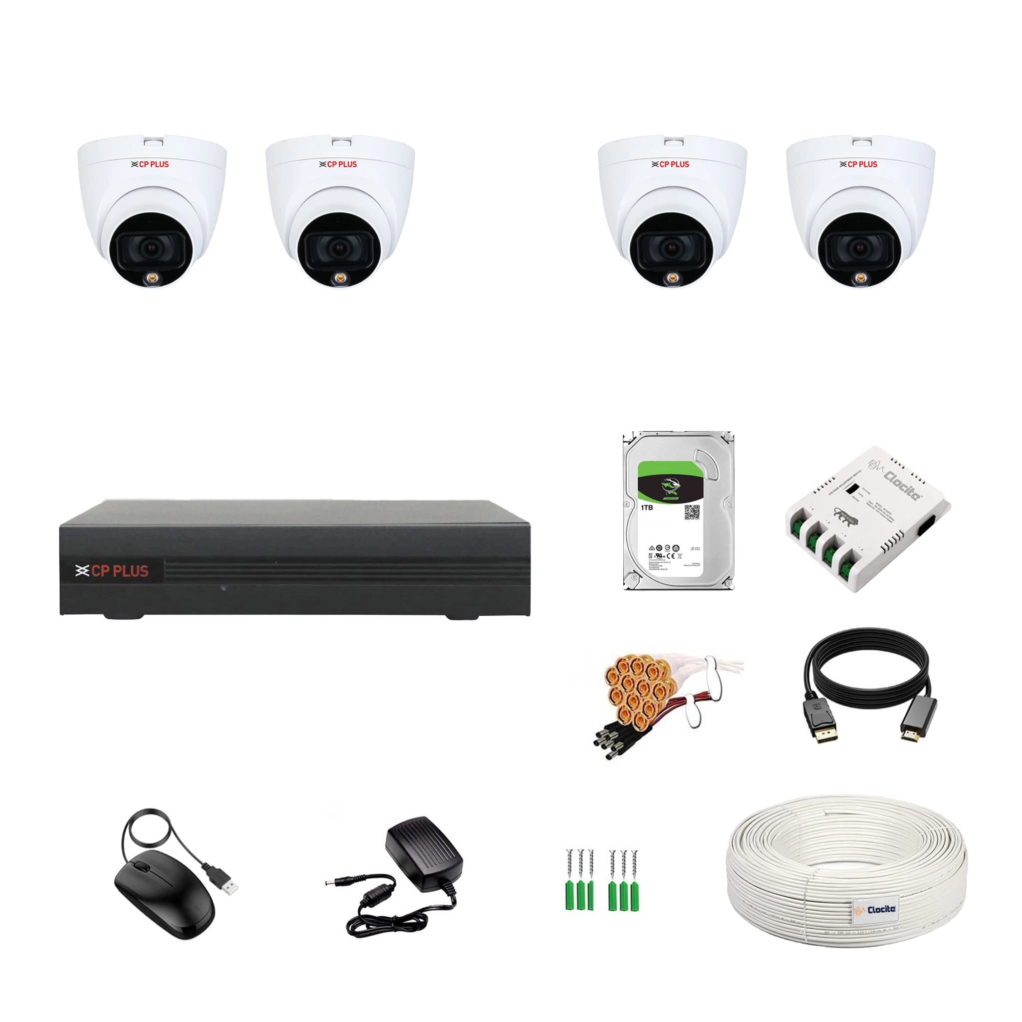 Aditya Infotech Ltd 4CH DVR + 5MP (Guard+) 4 Dome Camera + 1TB HDD + Copper Cable Roll + 4CH SMPS + BNC & DC Kit
