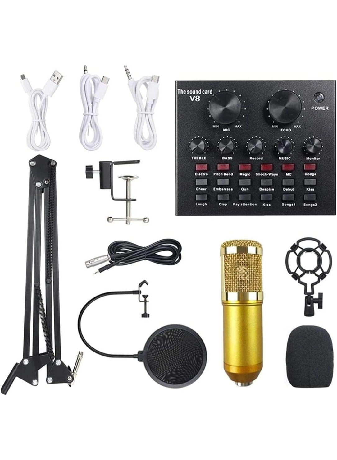Condenser Microphone + V8S Live Sound Card Wireless+USB+3.5mm-Mini-Jack Microphone