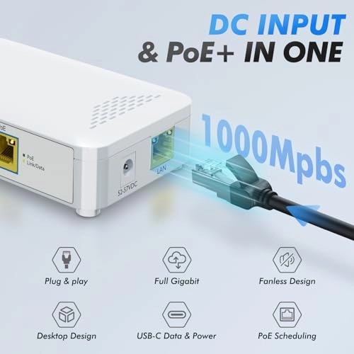PoE to USB C Switch - 60W 1 Ethernet Port 802.3af/at 1000 Megabits Per Second
