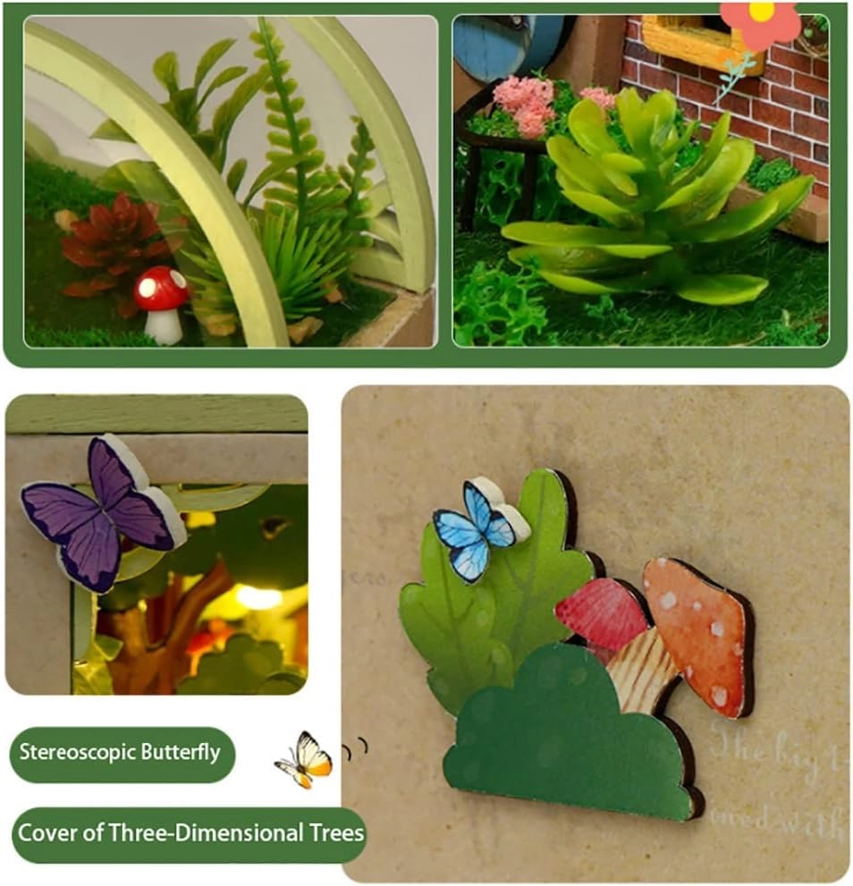 DIY Dollhouse Wood Bookends Book Nook Model Building Kit - LED Light Brown